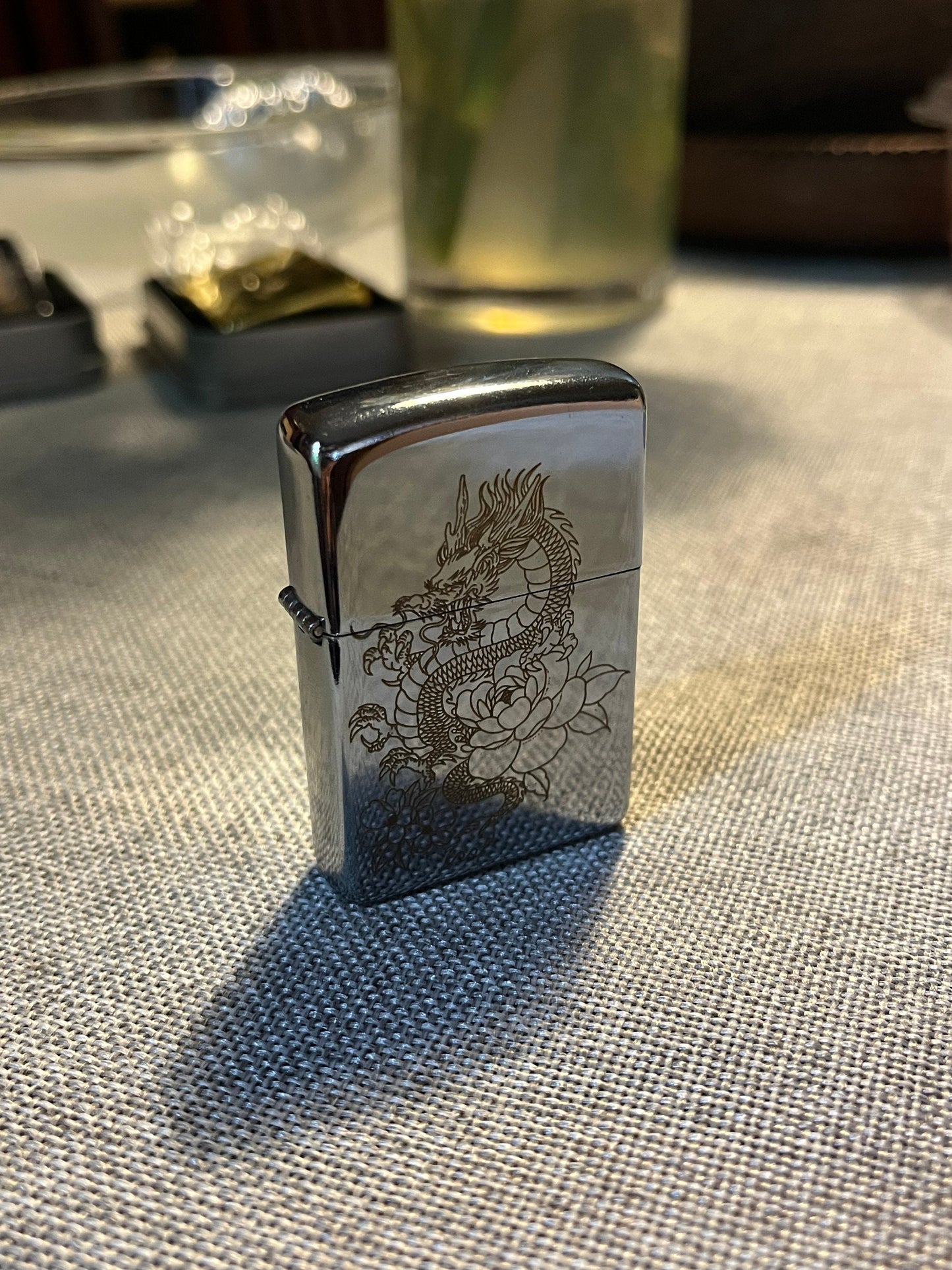 Japanese Dragon & Sword Engraved Lighter Case - Vintage Style Steel Flip Oil Lighter