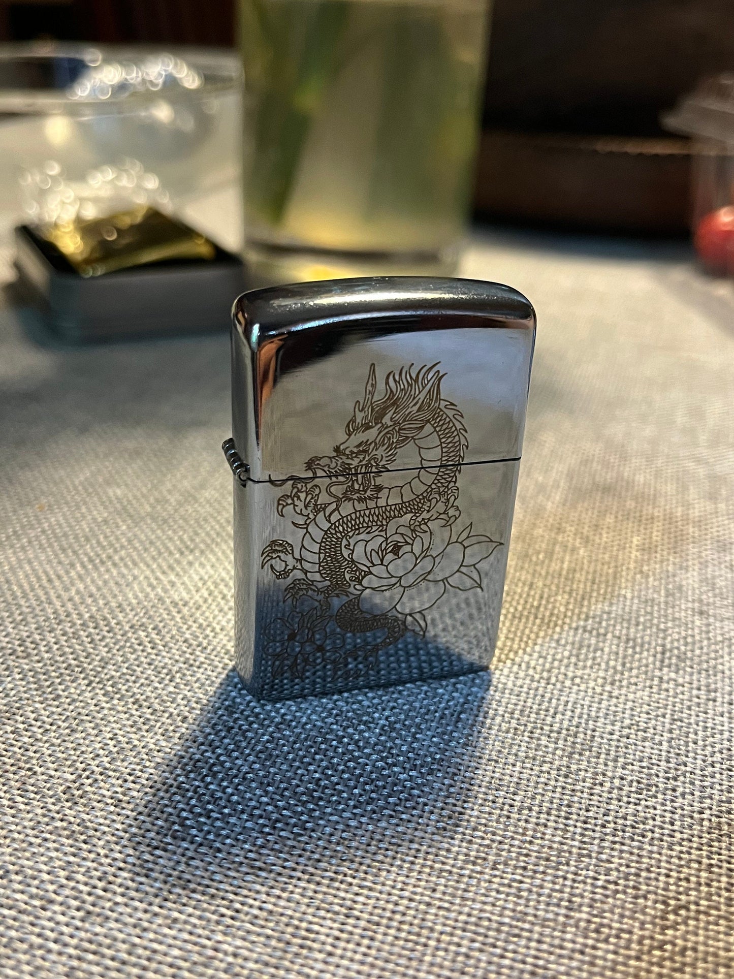 Japanese Dragon & Sword Engraved Lighter Case - Vintage Style Steel Flip Oil Lighter