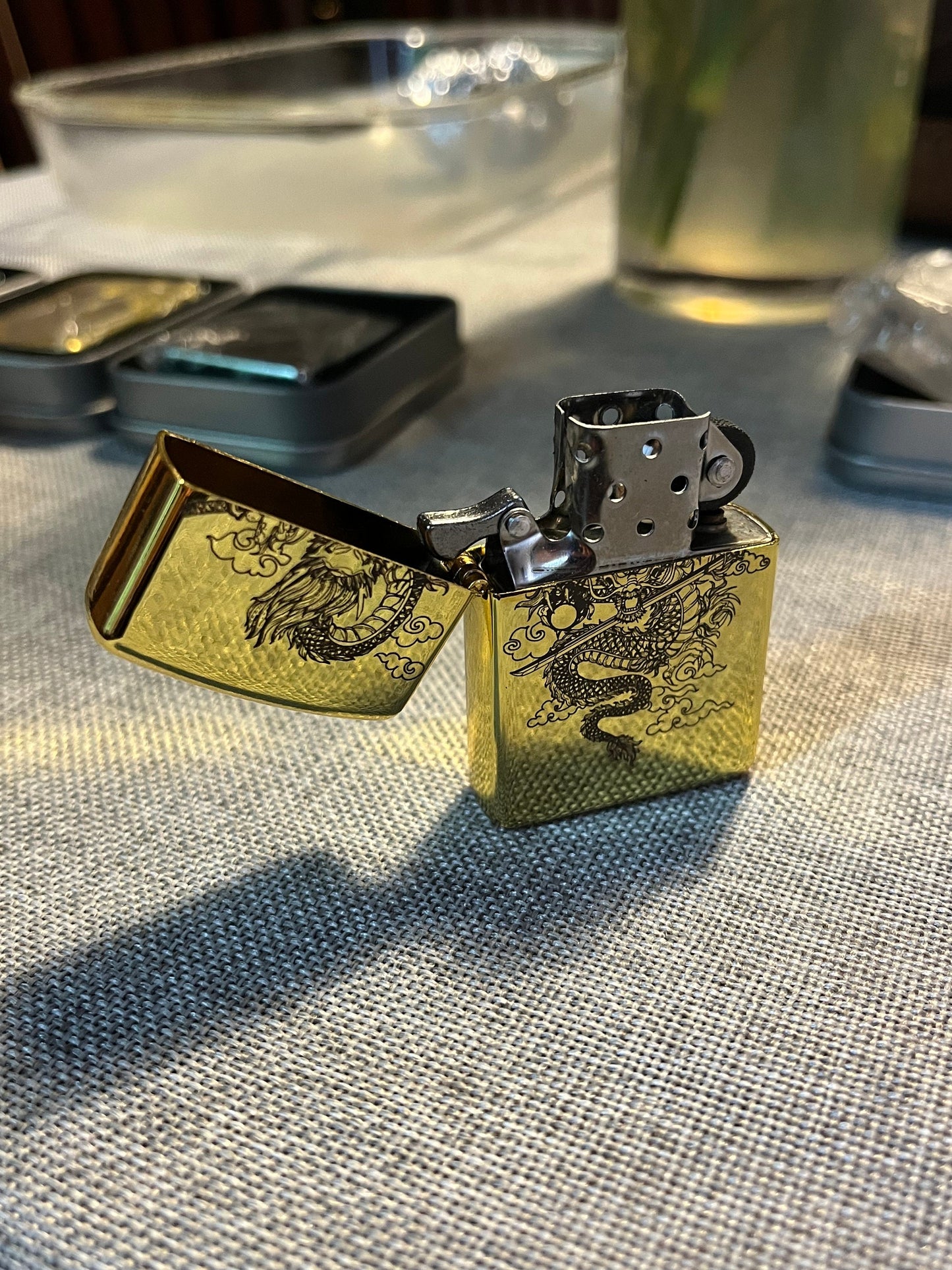 Japanese Dragon & Sword Engraved Lighter Case - Vintage Style Steel Flip Oil Lighter