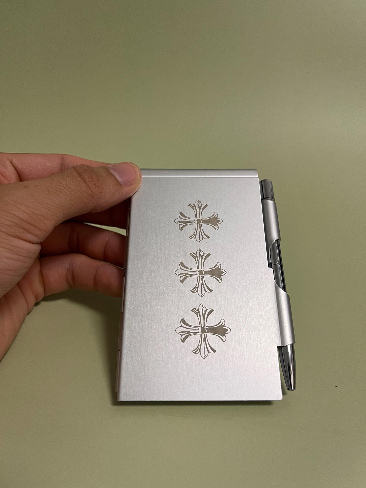 Chrome Cross Heart Engraved Pocket Notebook - Aluminum Vintage Style Pocket Book & Pen