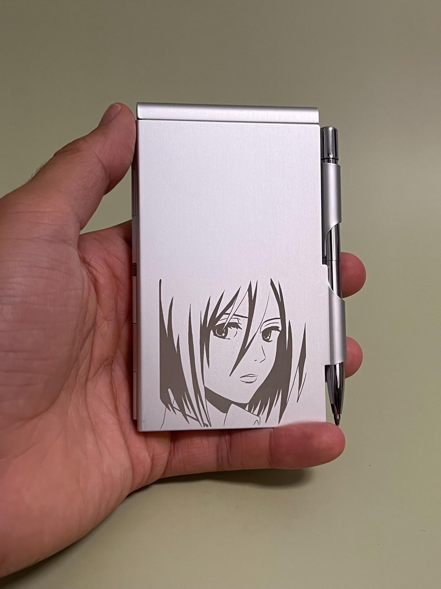 Anime Pocket Notebook, Engraved Mikasaaa Aluminum Pocket Book Case & Pen